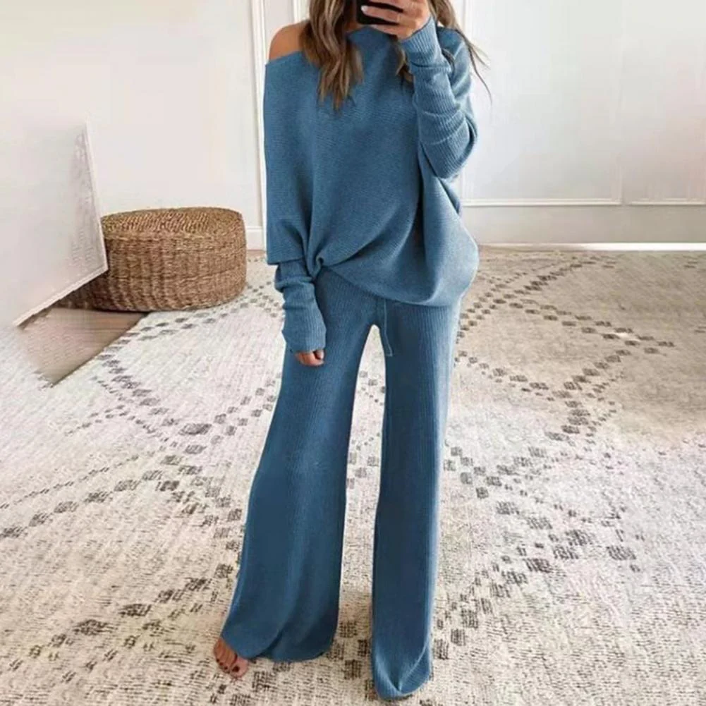 Ensemble Deux Pièces Loungewear En Maille Douce Oversize Haut À Une Épaule Pantalon Large
