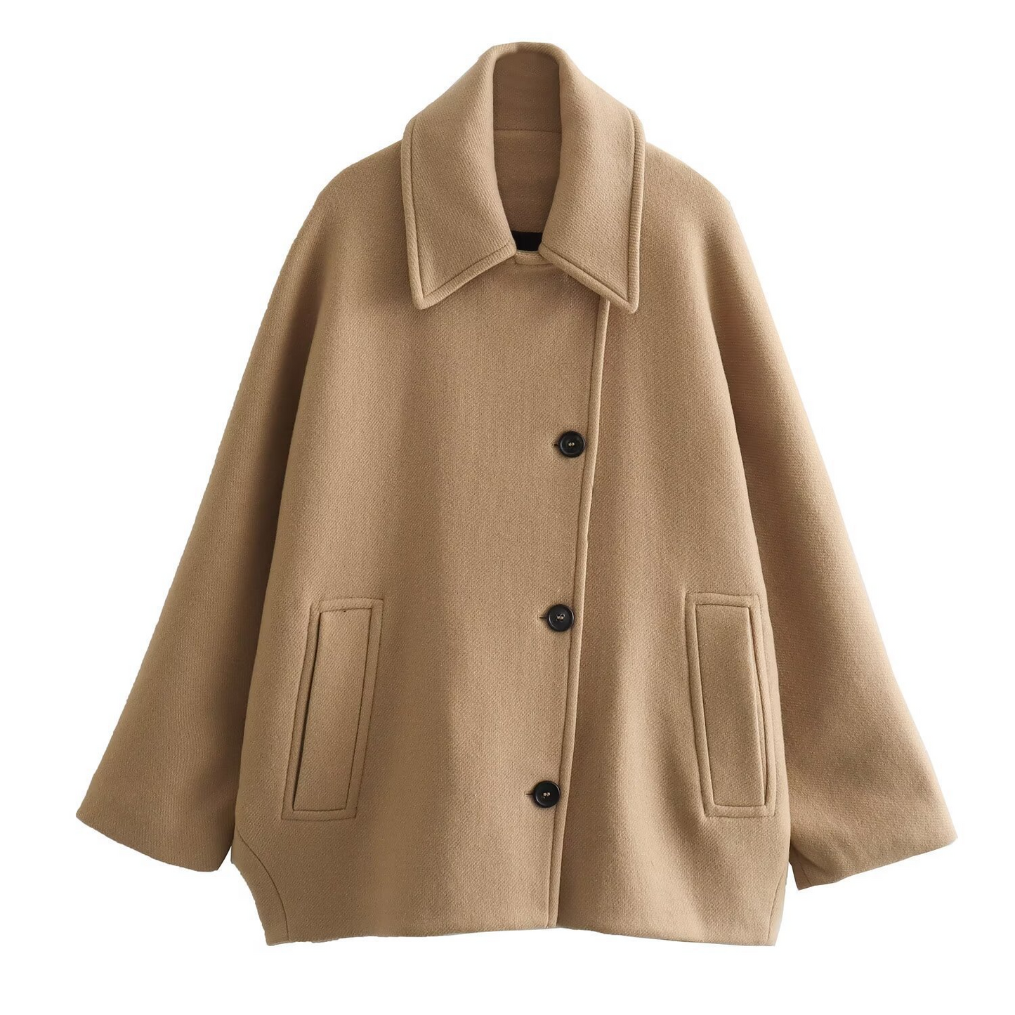 Manteau Femme Oversize en Laine Texturée Col à Revers Boutonné Devant Manches Chauve Souris
