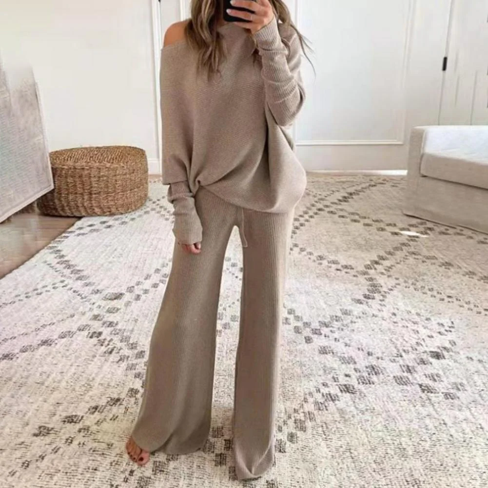 Ensemble Deux Pièces Loungewear En Maille Douce Oversize Haut À Une Épaule Pantalon Large