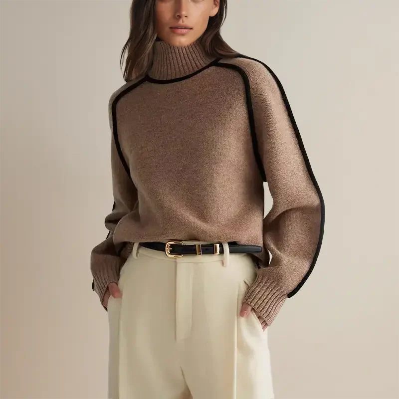 Amawinc Pull Femme Décontracté Col Montant Simulé Maille Mélange Laine Passepoil Contrasté Poignets Côtelés