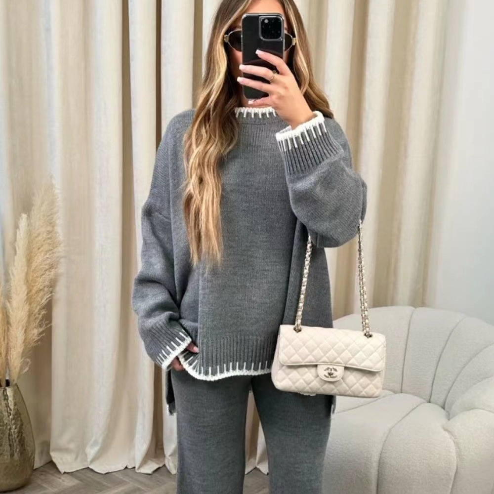 Ensemble Deux Pièces Lounge Femme en Tricot Doux Haut à Col Large Pantalon Taille Haute Confortable