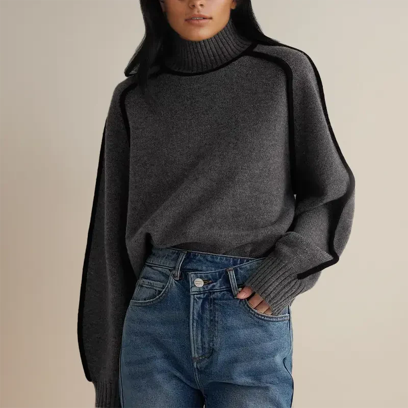 Amawinc Pull Femme Décontracté Col Montant Simulé Maille Mélange Laine Passepoil Contrasté Poignets Côtelés