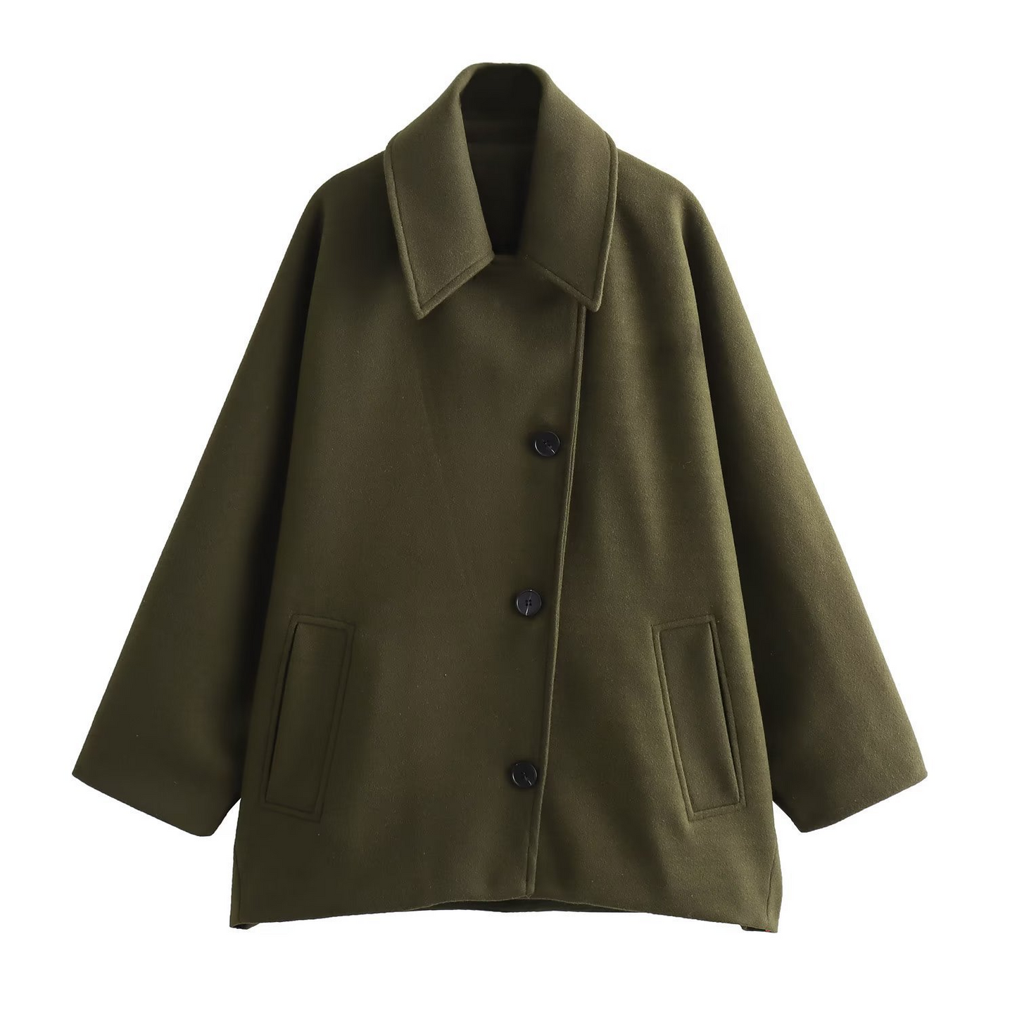 Manteau Femme Oversize en Laine Texturée Col à Revers Boutonné Devant Manches Chauve Souris