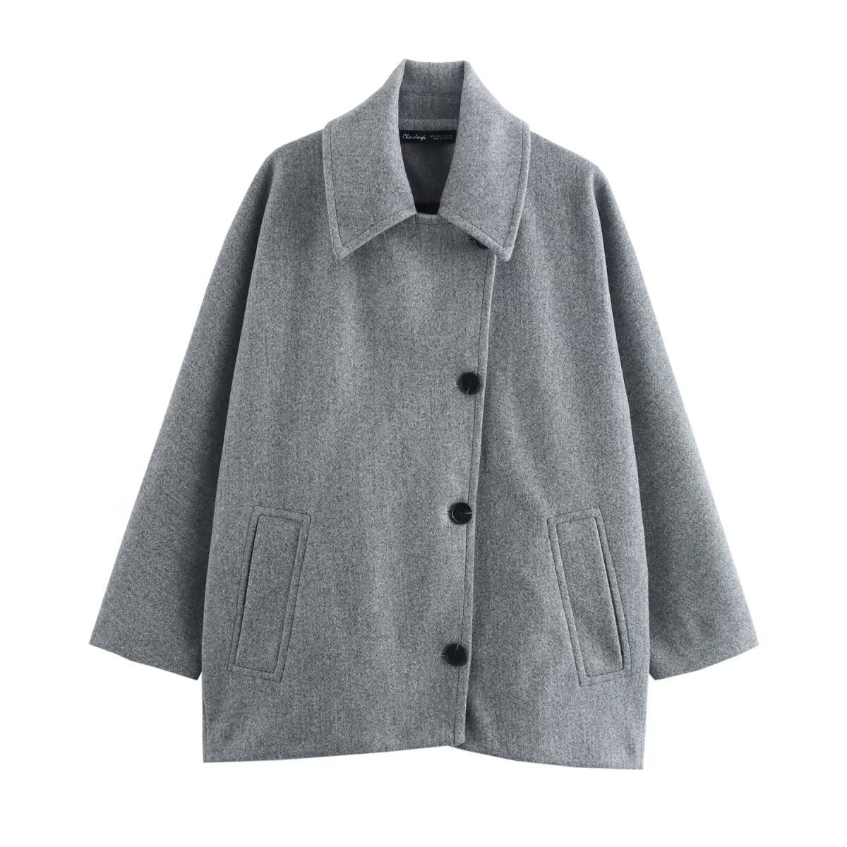 Manteau Femme Oversize en Laine Texturée Col à Revers Boutonné Devant Manches Chauve Souris