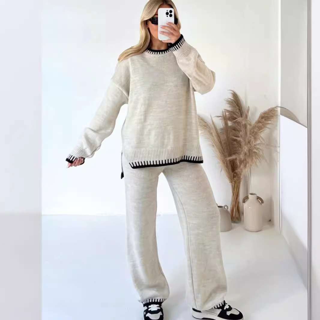 Ensemble Deux Pièces Lounge Femme en Tricot Doux Haut à Col Large Pantalon Taille Haute Confortable