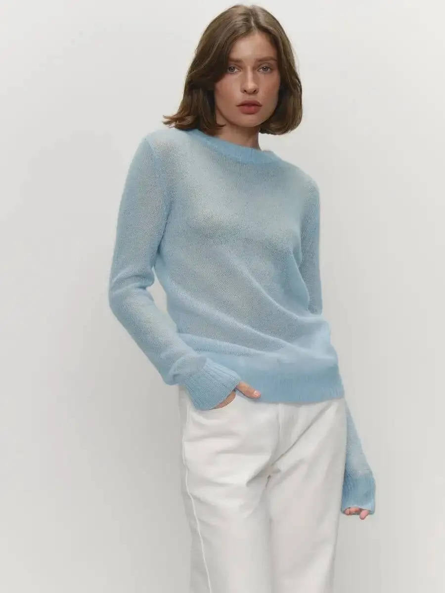 Pull Femme En Maille Mohair Léger Col Rond Manches Longues Pour Décontracté Et Chic