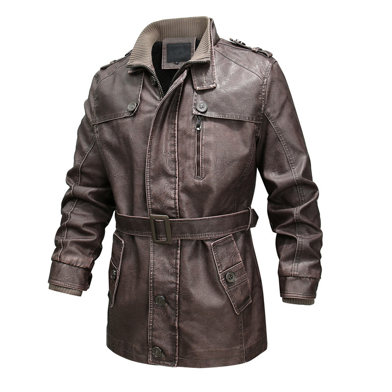 Manteau Trench Homme Regular Fit Cuir PU Lavé Doublé Peluche Ceinture Taille Zip Asymétrique Col Côtes