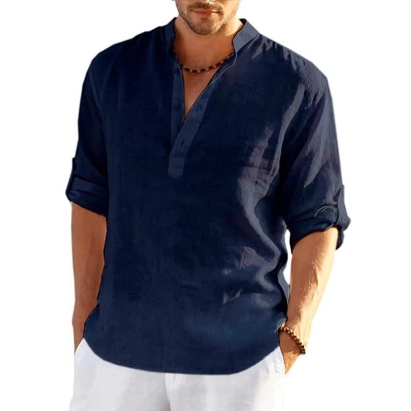 Chemise Henley En Lin Pour Homme Avec Manches Roulées Respirante Légère Décontractée Été Par Amawinc