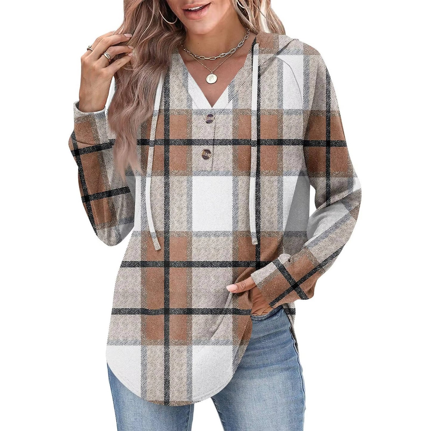 Tops Femme Sweat À Capuche Col En V Boutons Ajustables Pour Look Décontracté Amawinc