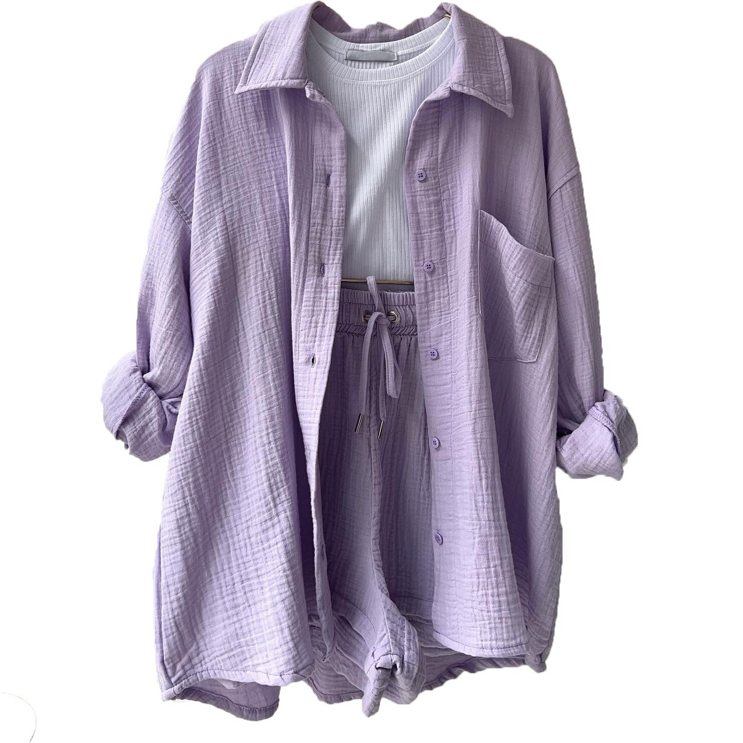 Ensemble Femme Coton Léger Avec Chemise À Boutons Et Short À Taille Elastique Confort Quotidien Été Décontracté