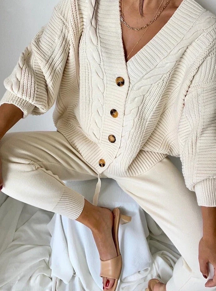 Ensemble Deux Pièces En Maille Pour Femme Cardigan Décontracté À Maille Câblée Et Pantalon En Laine Fuselé