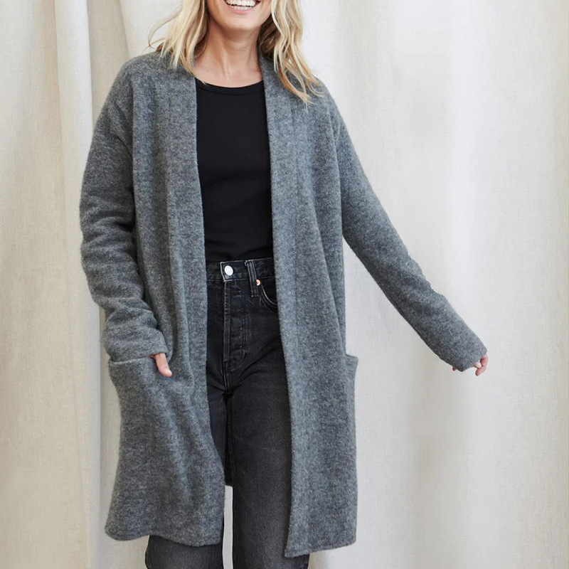 Cardigan Femme Décontracté En Tricot De Laine Avec Ouverture Devant Manches Longues Et Poches