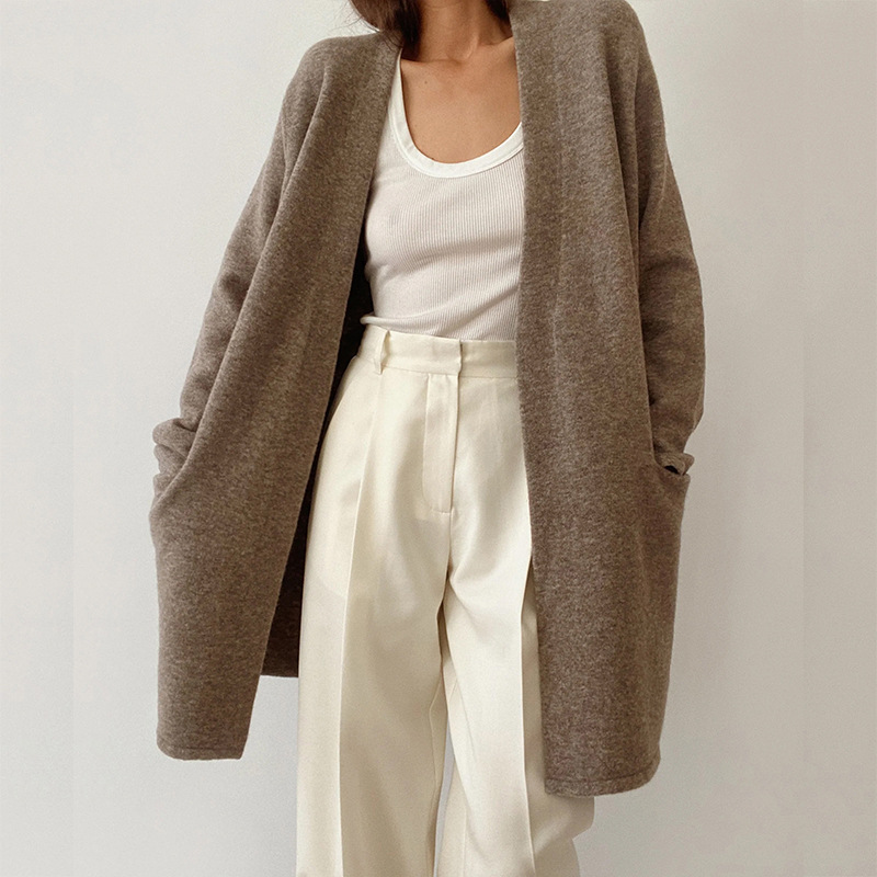 Cardigan Femme Décontracté En Tricot De Laine Avec Ouverture Devant Manches Longues Et Poches