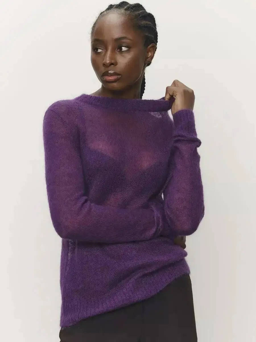 Pull Femme En Maille Mohair Léger Col Rond Manches Longues Pour Décontracté Et Chic