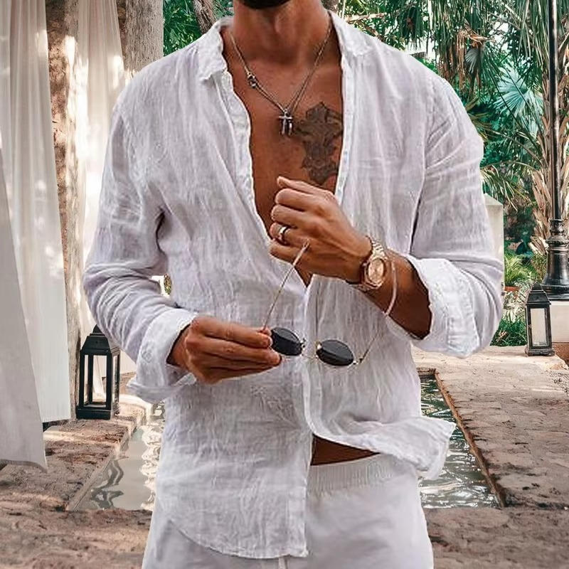 Chemise Homme En Lin Respirante À Manches Longues Légère Décontractée Pour Quotidien Beige Naturel