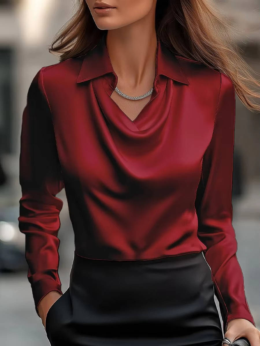 Haut Satiné À Encolure Drapée Bénitier Manches Longues Pour Une Silhouette Élégante Et Polyvalente