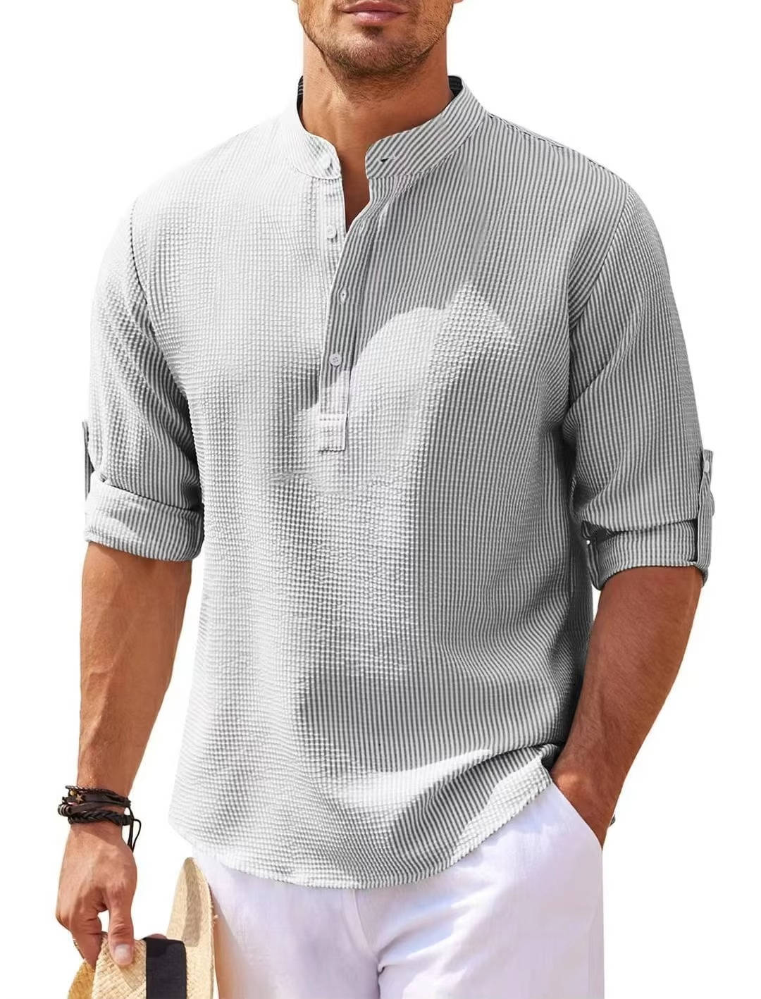 Chemise Henley Texturée À Maille Gauffrée Beige Manches Retroussées Pour Confort Décontracté Quotidien