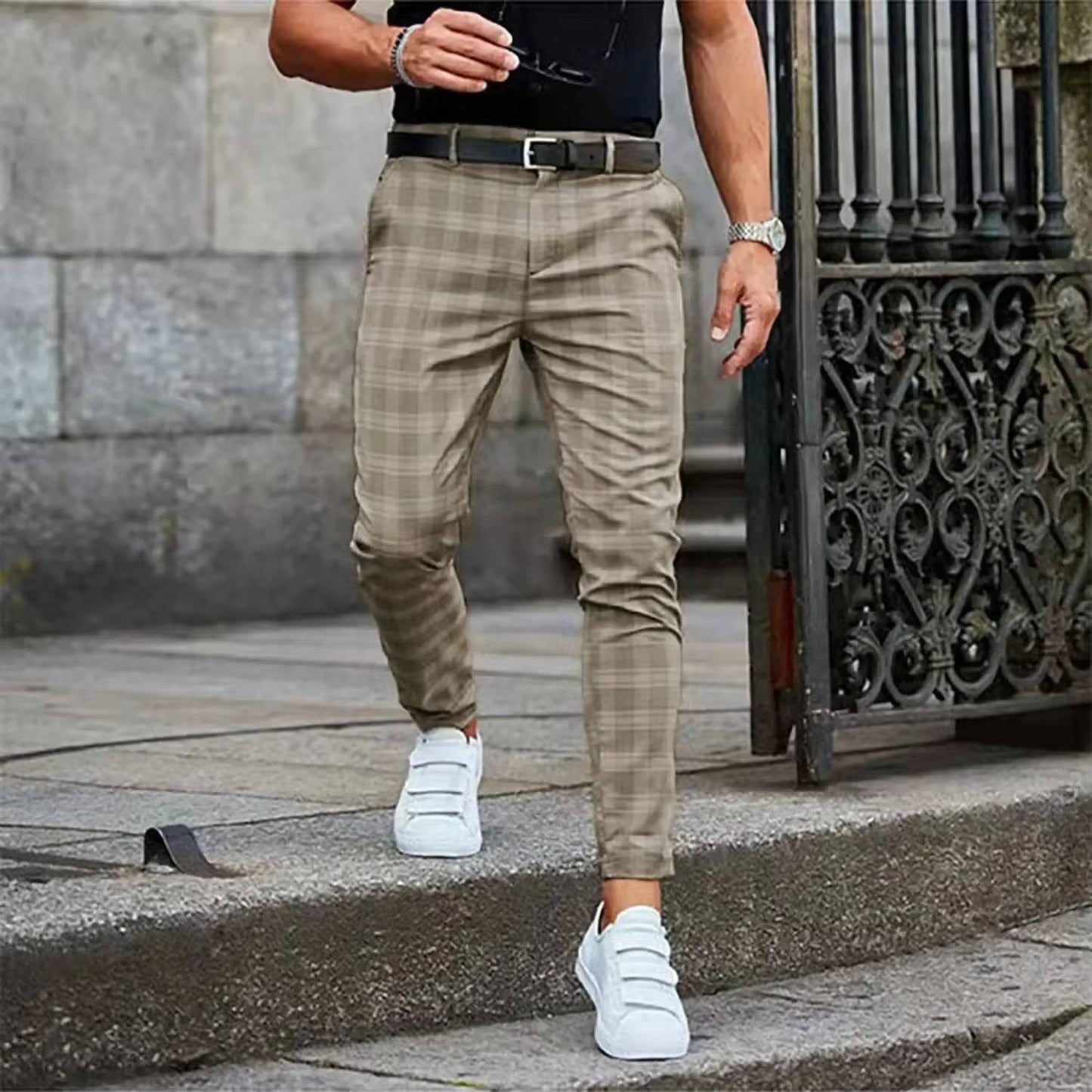 Pantalon Homme Décontracté Carreaux Slim Fit Avec Tissu Extensible Pour Travail Weekend Et Quotidien