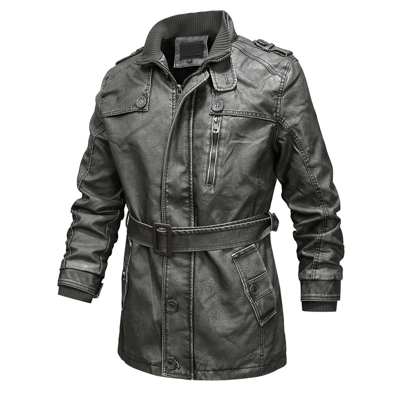 Manteau Trench Homme Regular Fit Cuir PU Lavé Doublé Peluche Ceinture Taille Zip Asymétrique Col Côtes