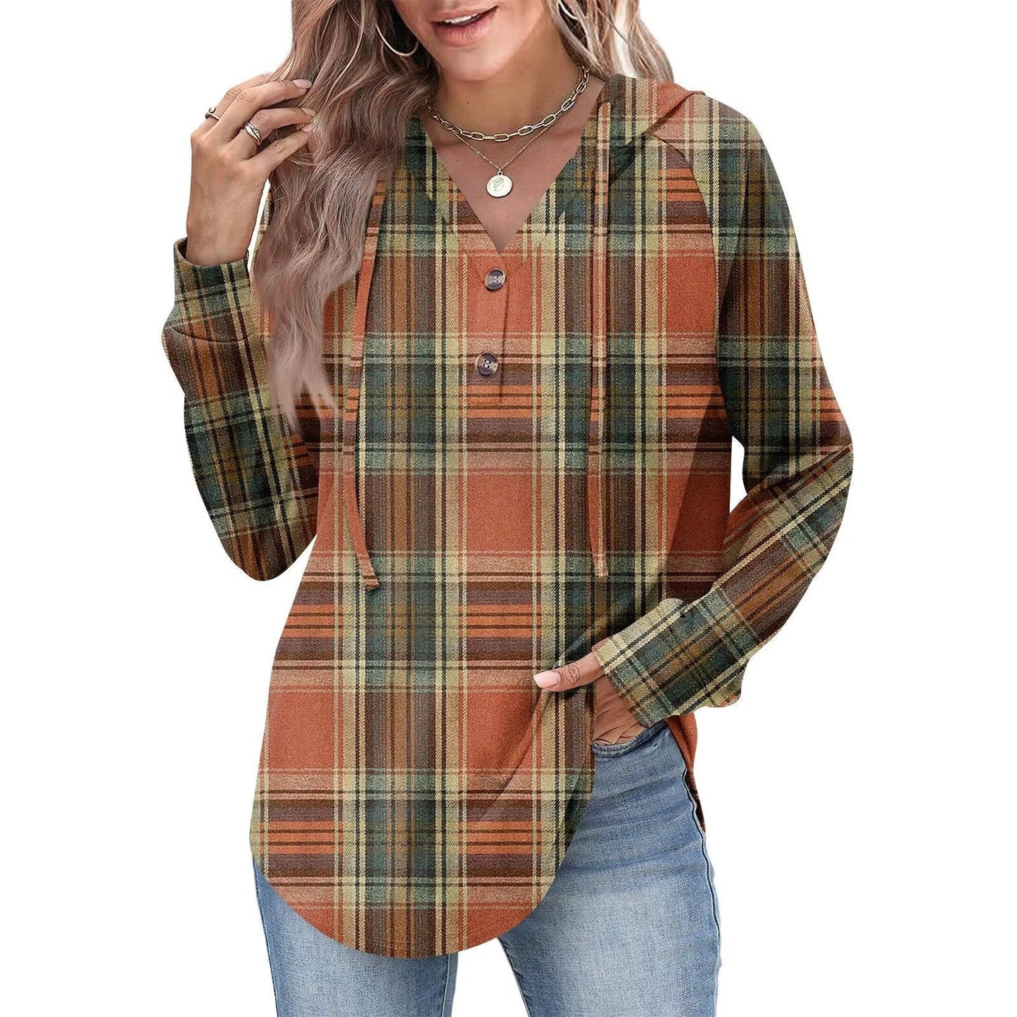 Tops Femme Sweat À Capuche Col En V Boutons Ajustables Pour Look Décontracté Amawinc