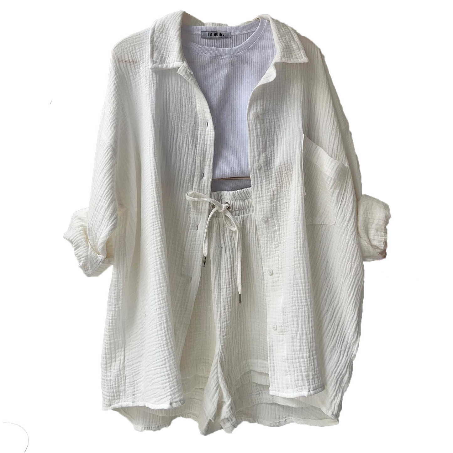 Ensemble Femme Coton Léger Avec Chemise À Boutons Et Short À Taille Elastique Confort Quotidien Été Décontracté