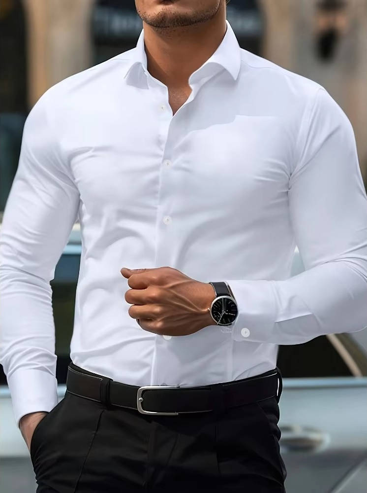Chemise Homme Slim Fit À Manches Longues Boutonnée Avec Poignets Pour Bureau Et Casual