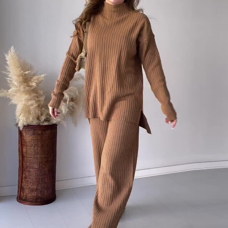 Ensemble Deux Pièces Pull Et Pantalon Femme Maille Côtelée Nordisk Flair Col Rond Manches Longues