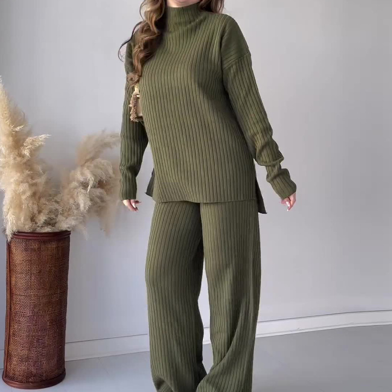 Ensemble Deux Pièces Pull Et Pantalon Femme Maille Côtelée Nordisk Flair Col Rond Manches Longues