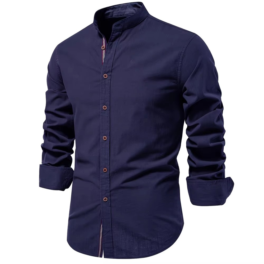 Chemise Homme Décontractée en Coton à Manches Longues Avec Col Montant et Patte de Boutonnage Rayée