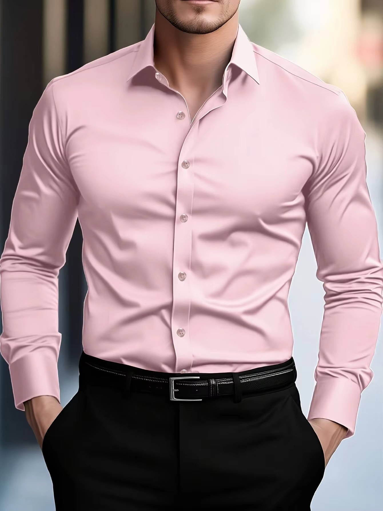 Chemise Homme Slim Fit À Manches Longues Boutonnée Avec Poignets Pour Bureau Et Casual