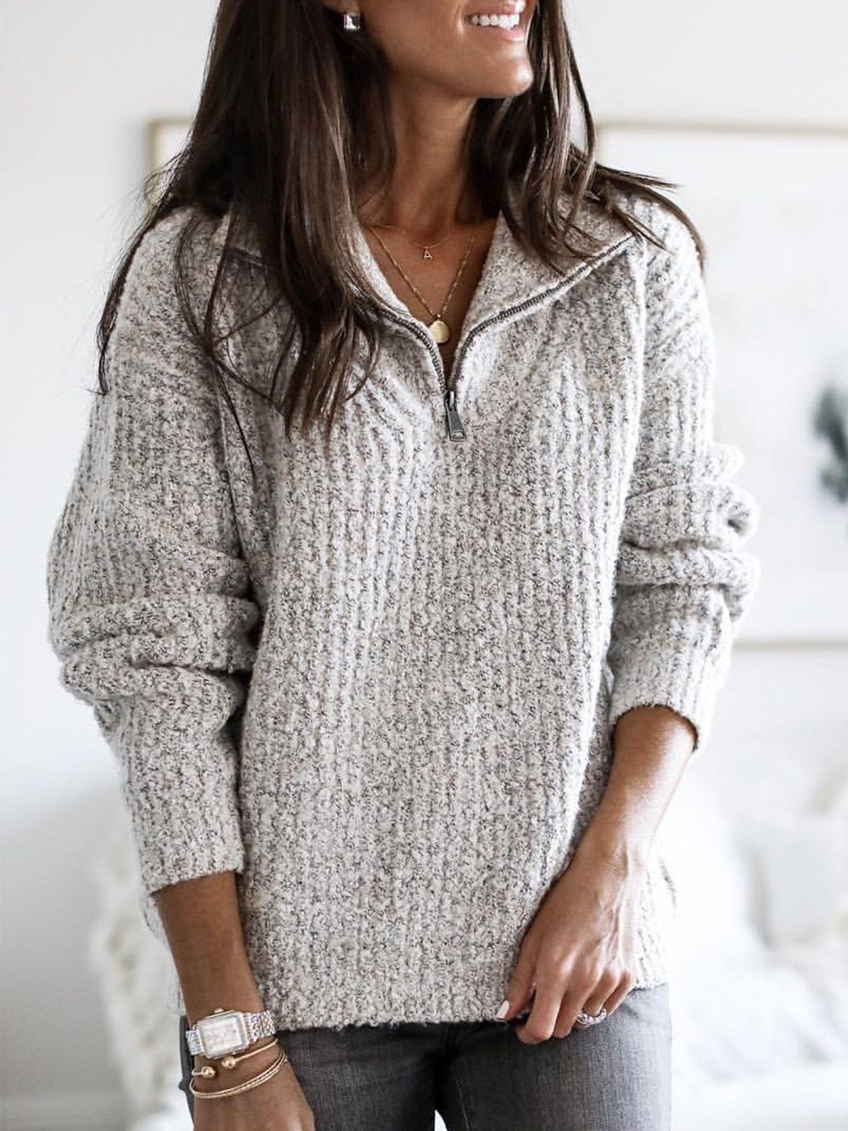 Pull Zippé En Laine À Côtes Coupe Décontractée Pour Femmes Confort Doux Et Décontracté