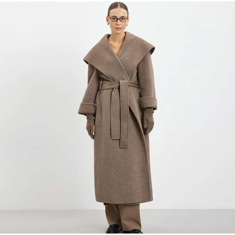 Manteau Long en Laine à Lacets pour Femme avec Fermeture Double Boutonnage Amawinc