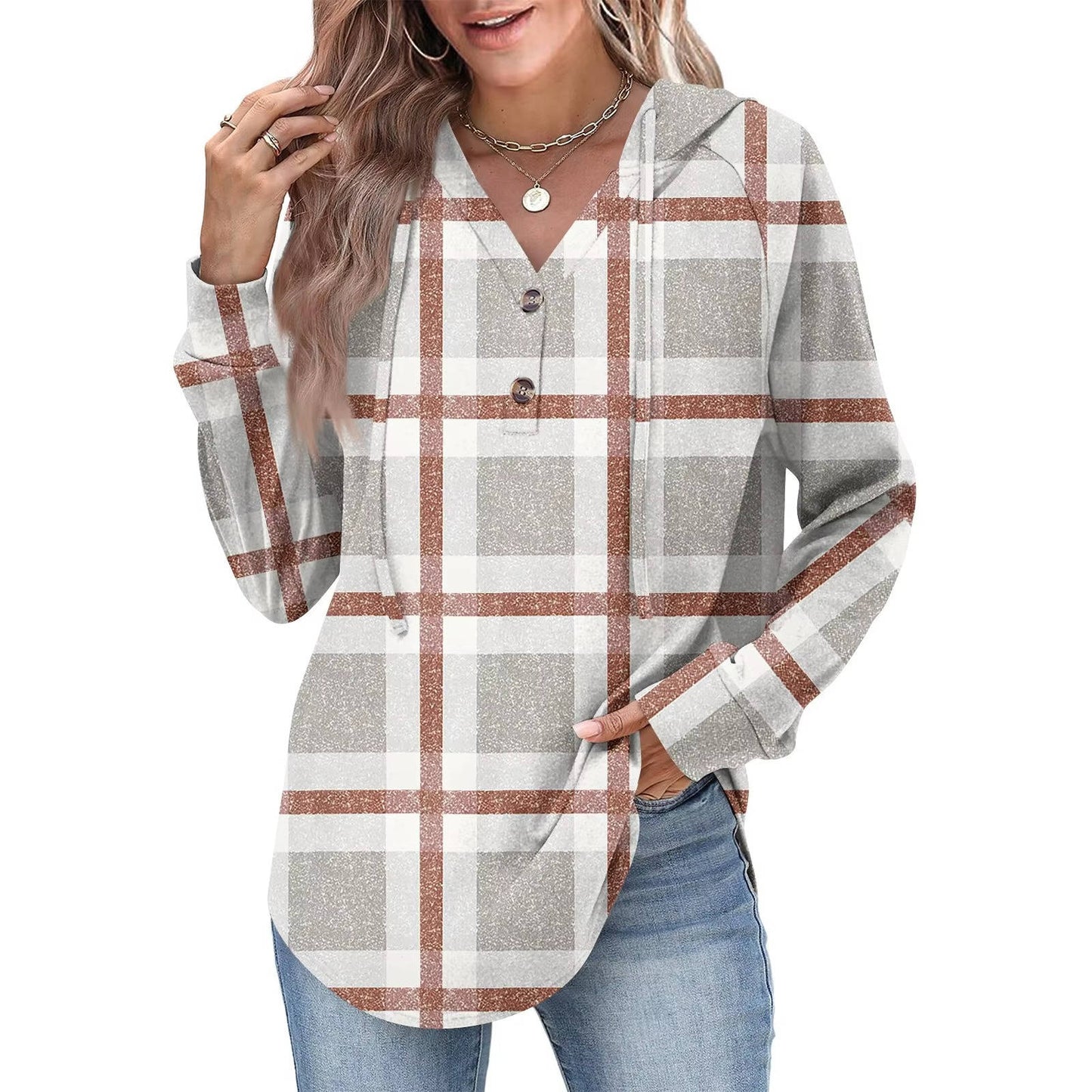 Tops Femme Sweat À Capuche Col En V Boutons Ajustables Pour Look Décontracté Amawinc