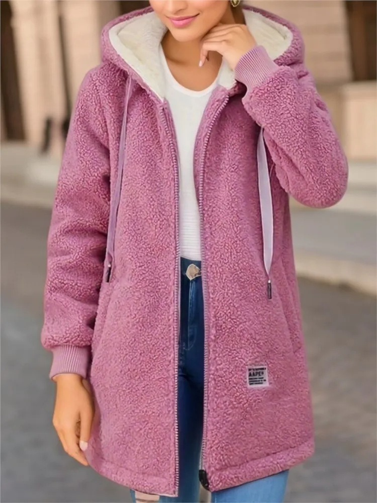 Manteau Midi Femme En Polaire Texturée Avec Capuche Et Fermeture Eclair Amawinc