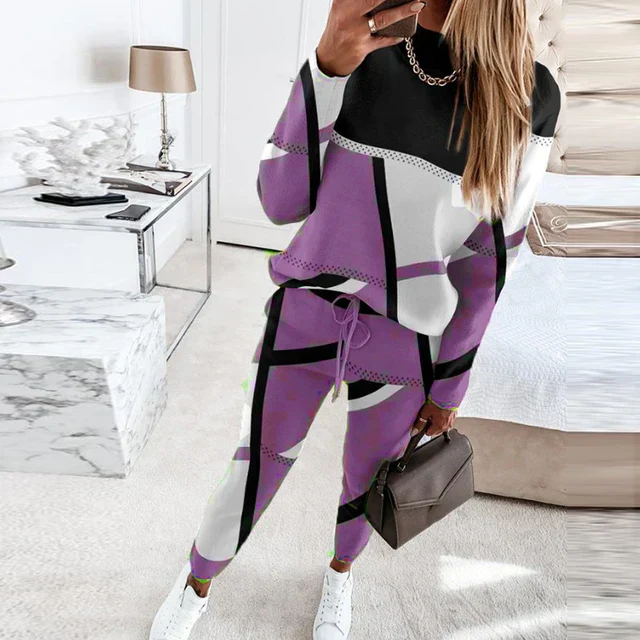 Ensemble Deux Pièces Décontracté En Coton Tricoté Pour Femme Motif Géométrique Taille À Cordon