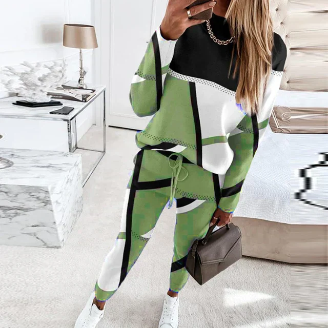 Ensemble Deux Pièces Décontracté En Coton Tricoté Pour Femme Motif Géométrique Taille À Cordon