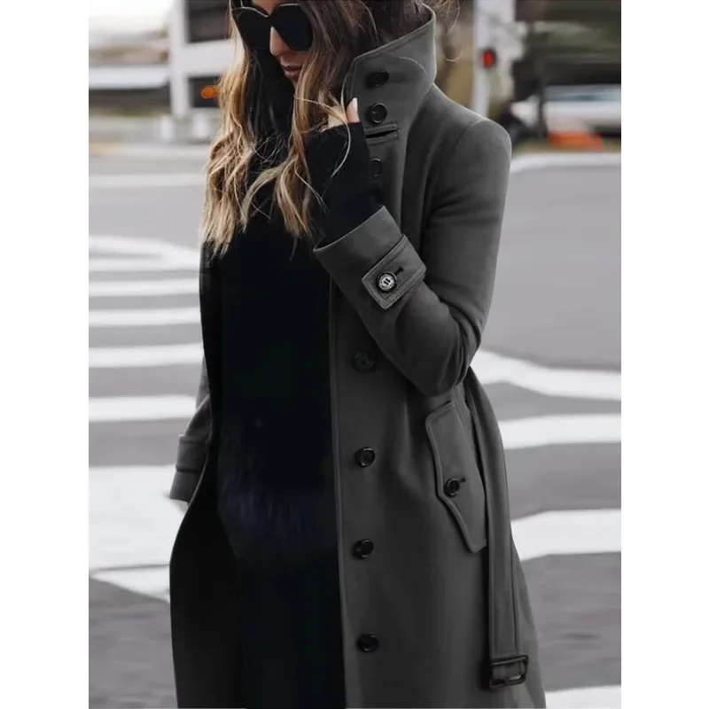 Amawinc Nordisk Flair Manteau Femme en Laine, Coupe Slim, Ceinturé, Col Montant, Longueur Maxi