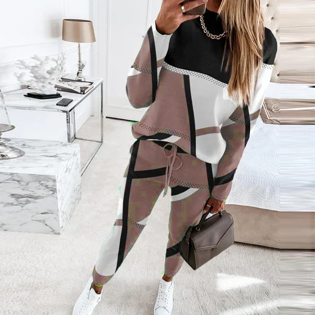 Ensemble Deux Pièces Décontracté En Coton Tricoté Pour Femme Motif Géométrique Taille À Cordon