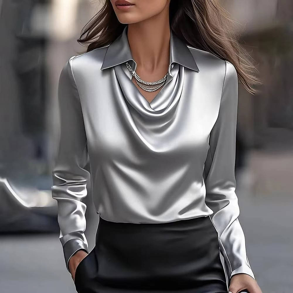 Haut Satiné À Encolure Drapée Bénitier Manches Longues Pour Une Silhouette Élégante Et Polyvalente