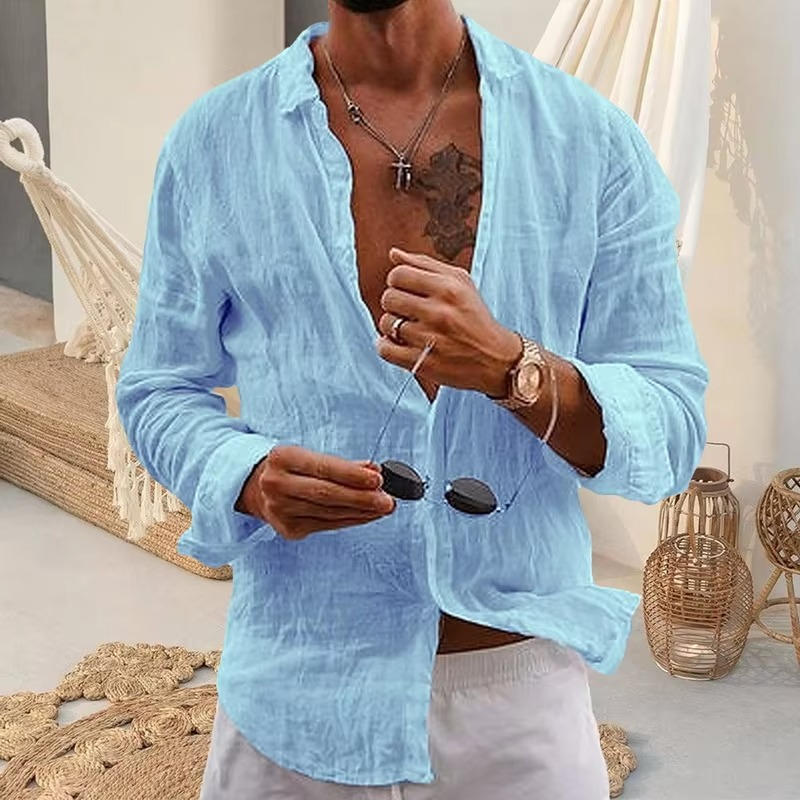 Chemise Homme En Lin Respirante À Manches Longues Légère Décontractée Pour Quotidien Beige Naturel