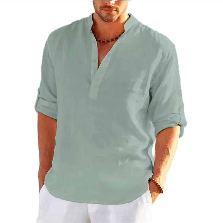 Chemise Henley En Lin Pour Homme Avec Manches Roulées Respirante Légère Décontractée Été Par Amawinc