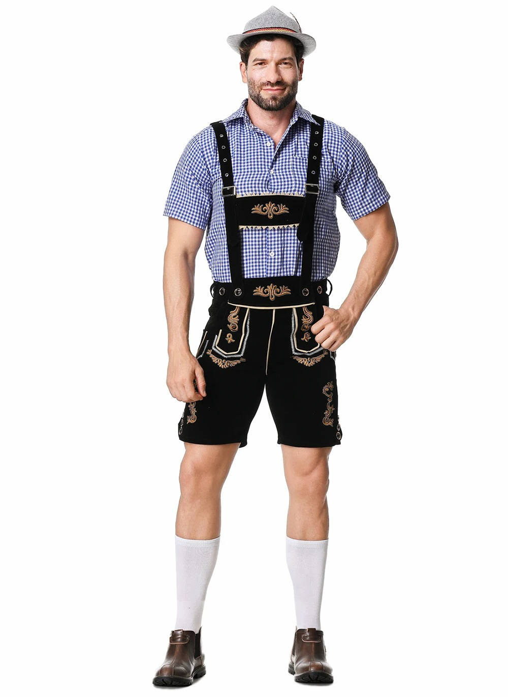 Lederhosen Court Pour Homme Amawinc Ensemble Complet Bavarois Oktoberfest Avec Bretelles Brodées Et Chemise Incluse