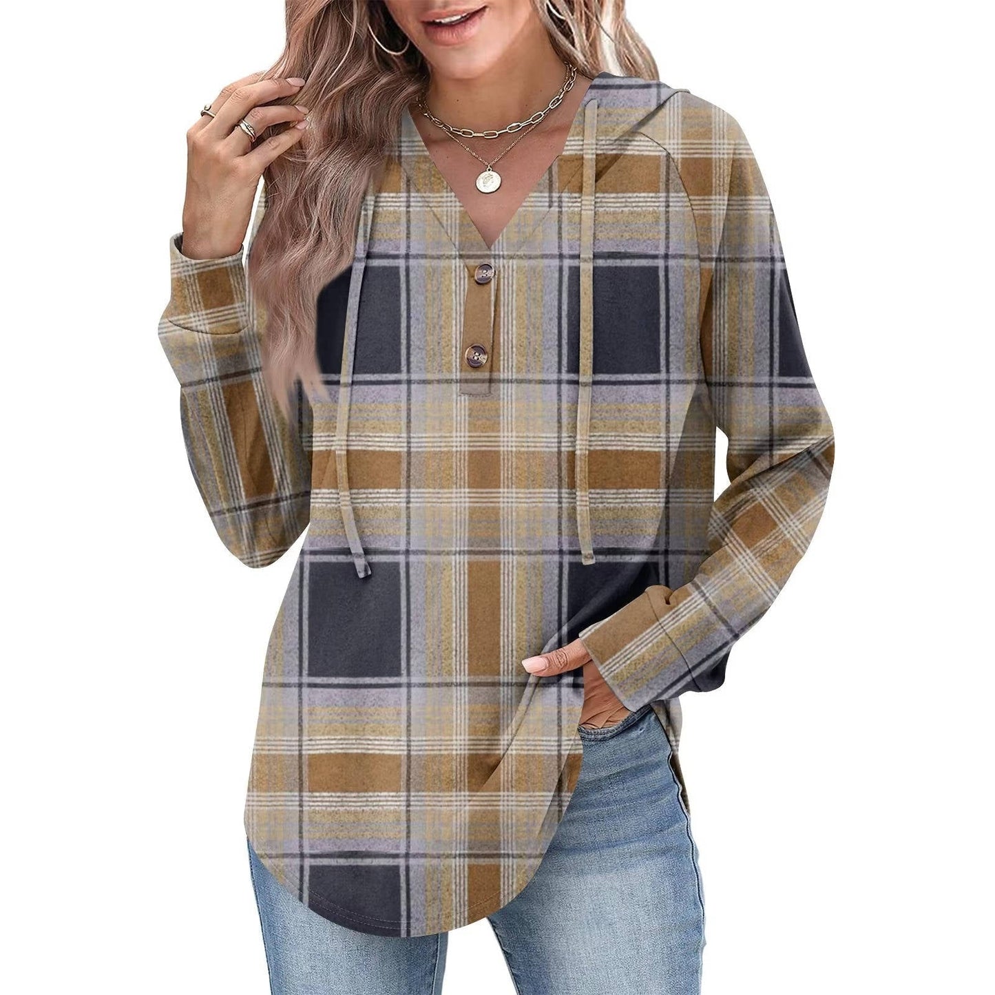 Tops Femme Sweat À Capuche Col En V Boutons Ajustables Pour Look Décontracté Amawinc
