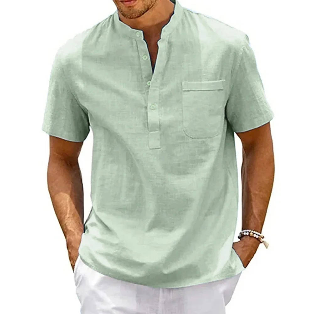 Chemise Lin Homme Henley À Manches Courtes Décontractée Été Poche Poitrine Beige