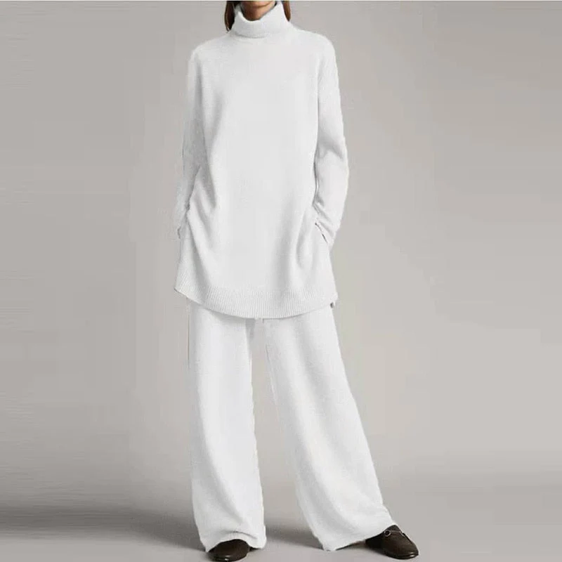 Ensemble Loungewear Deux Pièces Femme Haut Col Roulé Maille Mélange Laine Coupe Oversize Pantalon Large