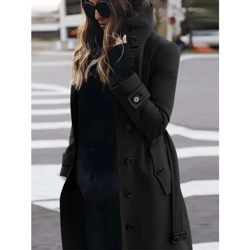 Amawinc Nordisk Flair Manteau Femme en Laine, Coupe Slim, Ceinturé, Col Montant, Longueur Maxi
