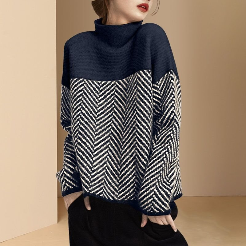 Pull-over Femmes Oversize Col Haut Maille Pelucheuse Motif Imprimé Confort Chaud Automne Hiver