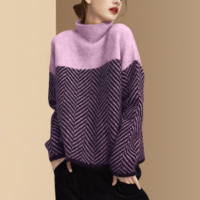 Pull-over Femmes Oversize Col Haut Maille Pelucheuse Motif Imprimé Confort Chaud Automne Hiver