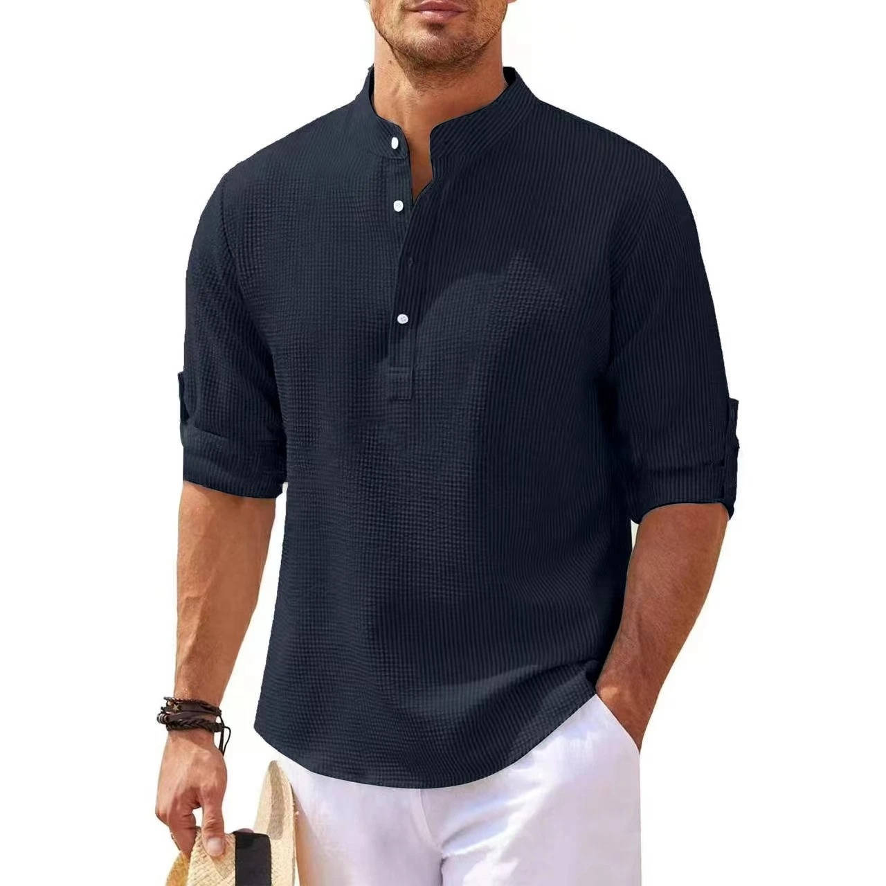 Chemise Henley Texturée À Maille Gauffrée Beige Manches Retroussées Pour Confort Décontracté Quotidien