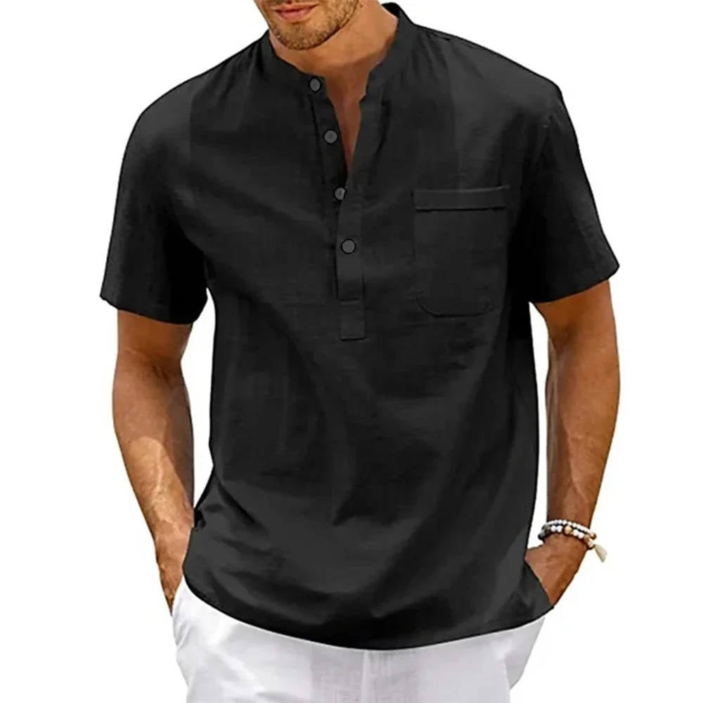 Chemise Lin Homme Henley À Manches Courtes Décontractée Été Poche Poitrine Beige